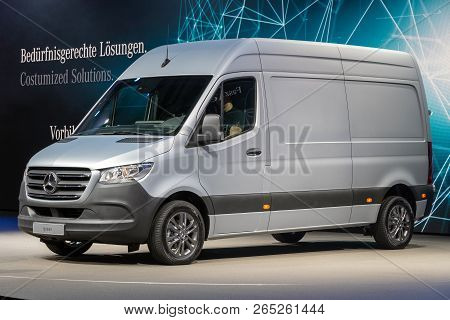 Hannover, Germany - Sep 27, 2018: New 2019 Mercedes-benz Sprinter Van Showcased At The Hannover Iaa 