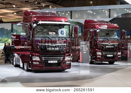 Hannover, Germany - Sep 27, 2018: 2019 Man Tgx 18.420 And Tgx 18.500 Long Haul Tractor Truck Showcas