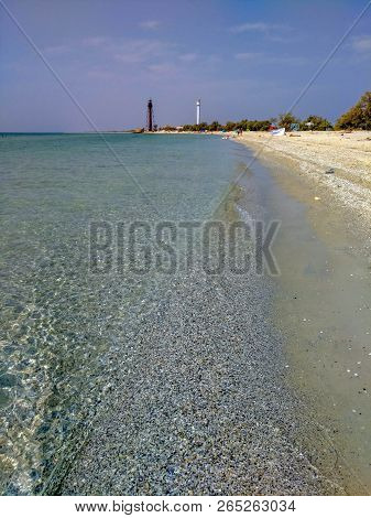 Road To Lighthouse Near Sea, Dzharylgach Island, Clear Water