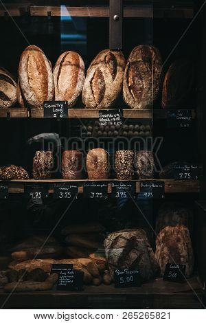 New York, Usa - May 30, 2018: Variety Of Fresh Bread On Sale Inside Essex Street Market In Lower Eas