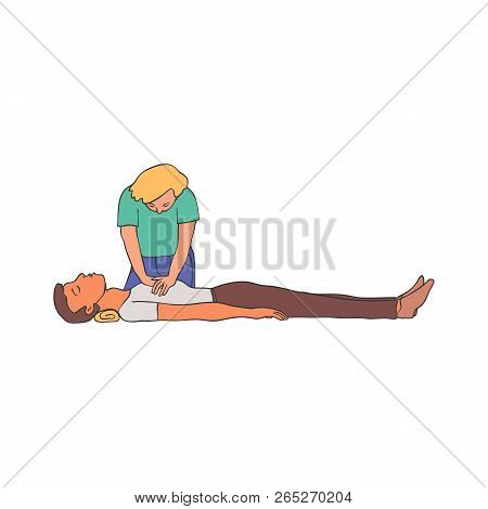 Cardiopulmonary Resuscitation Vector Illustration - Young Woman Doing Chest Compressions To Man Lyin