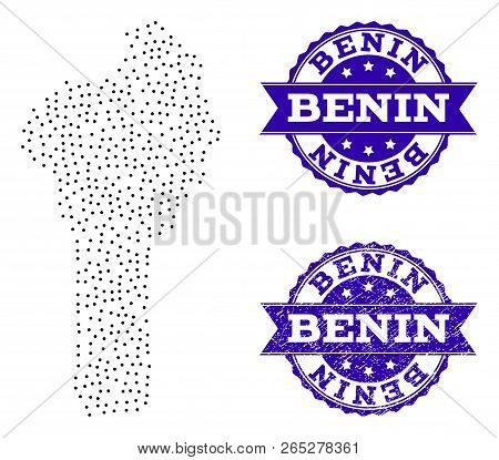 Dotted Black Map Of Benin And Blue Unclean Seal Stamp. Vector Map Of Benin Constructed With Irregula
