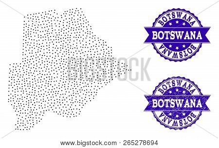 Dotted Black Map Of Botswana And Blue Grunge Seal. Vector Map Of Botswana Constructed With Irregular