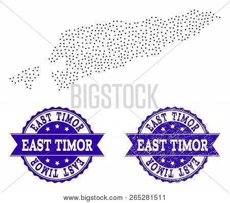 Dotted Black Map Of East Timor And Blue Unclean Seal. Vector Map Of East Timor Constructed With Irre