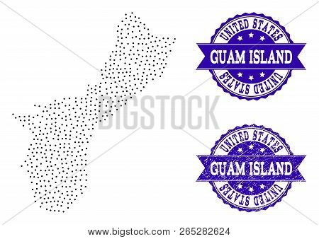 Dotted Black Map Of Guam Island And Blue Unclean Seal. Vector Map Of Guam Island Constructed With Ir