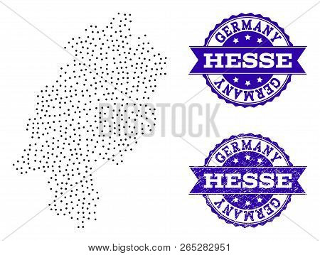 Dotted Black Map Of Hesse State And Blue Rubber Seal. Vector Map Of Hesse State Designed With Irregu