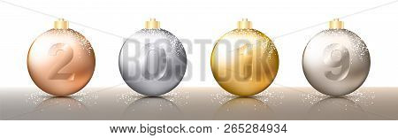 Four Realistic Christmas Transparent Baubles, Spheres Or Balls In Different Shades Of Metallic Gold 
