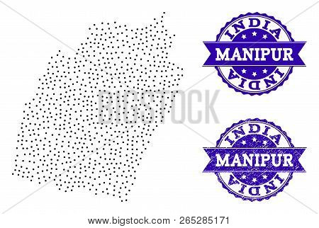Dotted Black Map Of Manipur State And Blue Corroded Seal. Vector Map Of Manipur State Constructed Wi