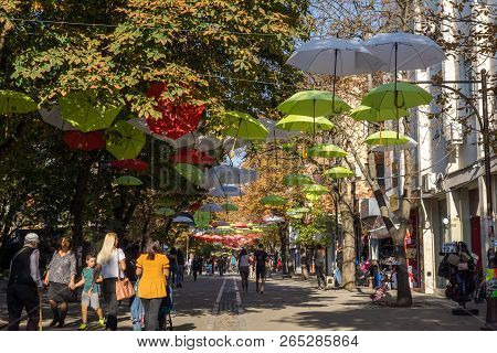 Blagoevgrad, Bulgaria - October 6, 2018: The Center And Pedestrian Street Covered With Umbrellas In 