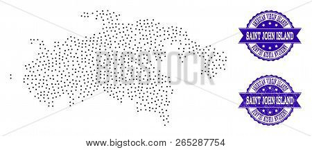 Dotted Black Map Of Saint John Island And Blue Scratched Seal. Vector Map Of Saint John Island Const