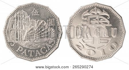 Coin Macau Five Patacas Isolated On White Background