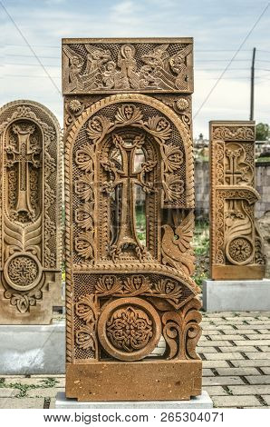 Oshakan,armenia,19 Februar,2018: Stone Cross Carved With Ornaments In The Form Of The Second Letter 
