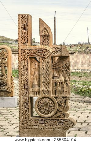 Oshakan,armenia,19 Februar,2018: Stone Cross Carved With Ornaments In The Form Of The Seventh Letter