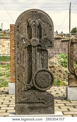 Oshakan,armenia,19 Februar,2018: Stone Cross Carved With Ornaments In The Form Of The Eighth Letter 