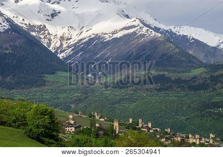 Traditional Towers In Mestia Town In Upper Svanetia Region, Georgia.