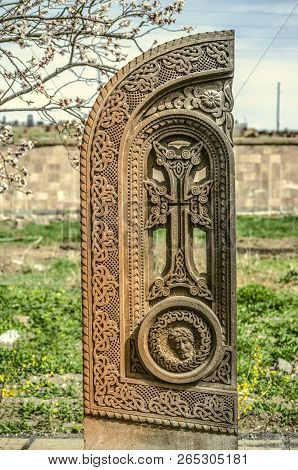 Oshakan,armenia,19 Februar,2018: Stone Cross Carved With Ornaments In The Form Of The Sixteenth Lett