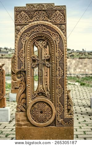 Oshakan,armenia,19 Februar,2018: Stone Cross Carved With Ornaments In The Form Of The Eighteenth Let