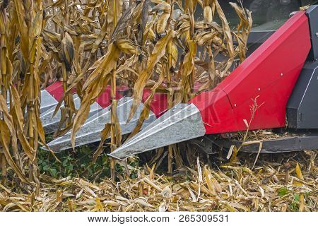 Harvesting Corn In A Field With A Modern Combine On A Cloudy Day, Followed By Loading Onto A Truck