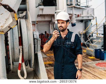 Marine Deck Officer Or Chief Mate On Deck Of Vessel Or Ship