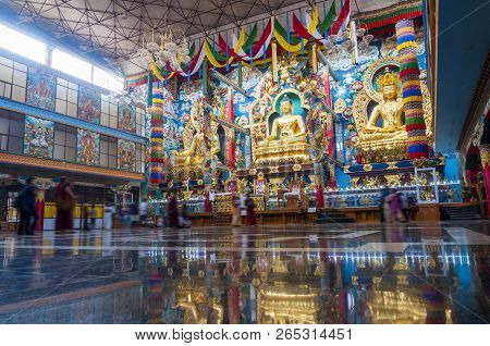 Bylakuppe, Karnataka, India - January 9, 2015: 18 Meters High Statues Inside The Golden Temple - Pad