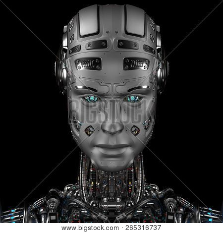 Robot Face. Very Detailed Futuristic Cyborg Head Or Portrait. Isolated On Black Background. 3d Illus