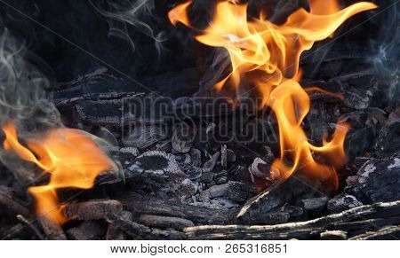 Fire Flame Smoke Embers To Fry On The Street Close-up