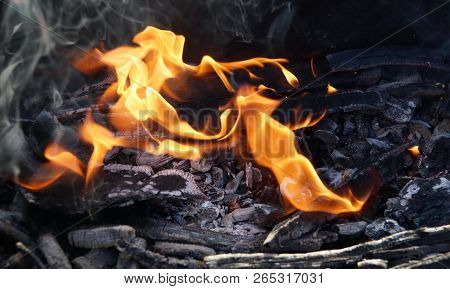 Fire Flame Smoke Embers To Fry On The Street Close-up