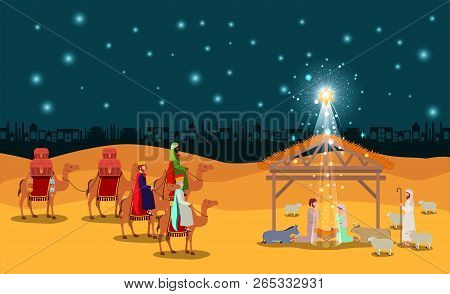 Christmas Desert Scene With Holy Family In Stable Vector Illustration Design