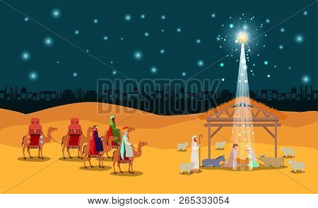 Christmas Desert Scene With Holy Family In Stable Vector Illustration Design