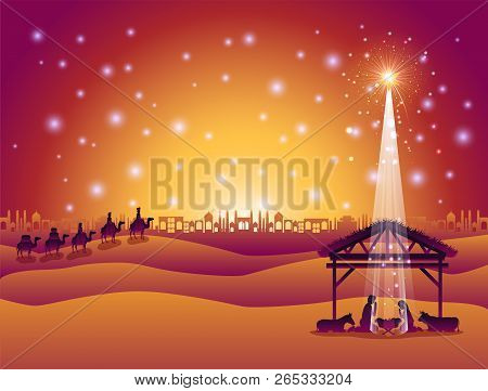 Christmas Desert Scene With Holy Family In Stable Vector Illustration Design