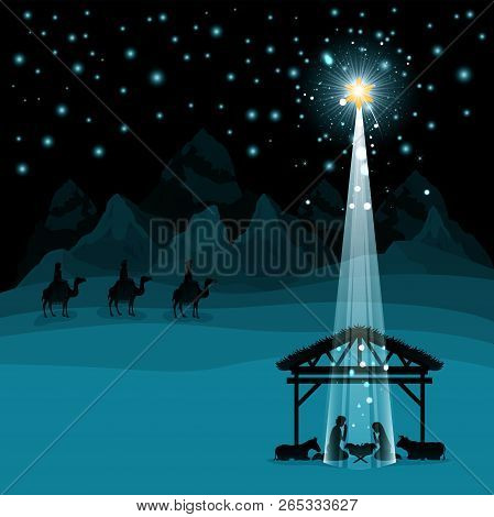 Christmas Desert Scene With Holy Family In Stable Vector Illustration Design