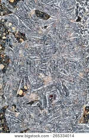 A Sheet Of Ice Crystals Lay On A Pavement.
