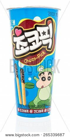 Winneconne, Wi - 14 October 2018: A Package Of  Haitai Choco Pick Biscuits From South Korea On An Is