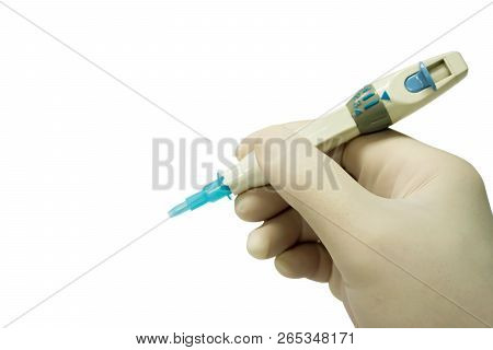 Closeup Hand Of Doctor In White Medical Glove Holding Accu-chek Fastclix (needle Pen For Blood Gluco