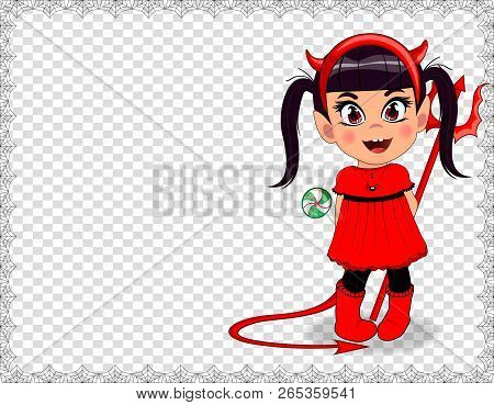 Vector Illustration Of Little Cute Naughty Baby Girl In Red Devil Imp Costume Framed With Spider Web