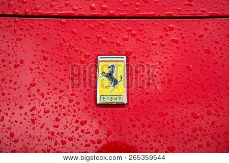 Krabi, Thailand - October 12, 2018 : Close Up Italian Sports Car Ferrari Between Road Trip In Krabi,