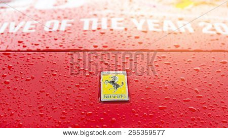Krabi, Thailand - October 12, 2018 : Close Up Italian Sports Car Ferrari Between Road Trip In Krabi,