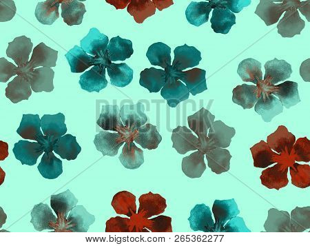 Hawaiian Watercolor Pattern. Indigo Blue Floral Tropical Seamless Print. Hibiscus And Oleander In Ha