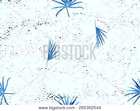 Indigo Exotic Pattern. Monstera Leaves And Hibiscus Flowers In Summer Print.  Hawaiian T-shirt And S