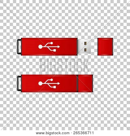 Realistic Red Usb Flash Drive Isolated Object On Transparent Background. Vector Illustration