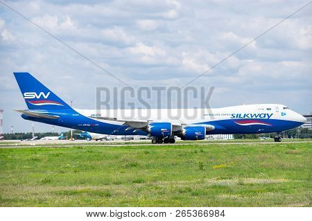 Kyiv Region, Ukraine - August 1, 2018: Silkway Boeing 747-800 Taxiing To The Runway For Takeoff