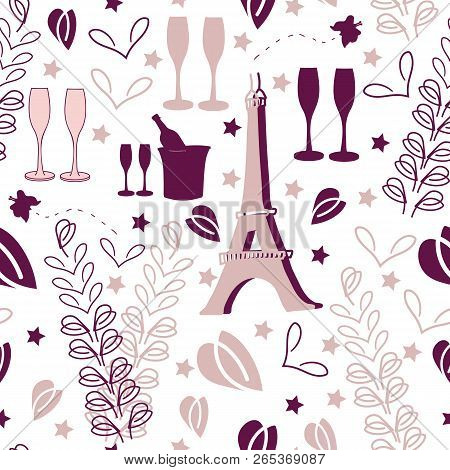 Romantic Vacation-love In Parise Seamless Repeat Pattern Background With Eiffel Tower Champagne Glas