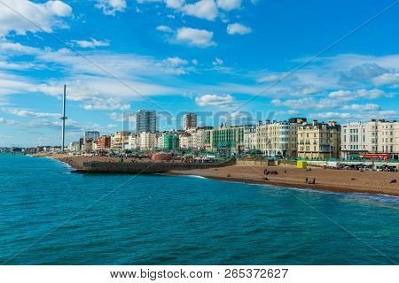Brighton, England-1 October,2018: Beautiful View Of Brighton Pier With Brighton Beach Sea, Sand And 