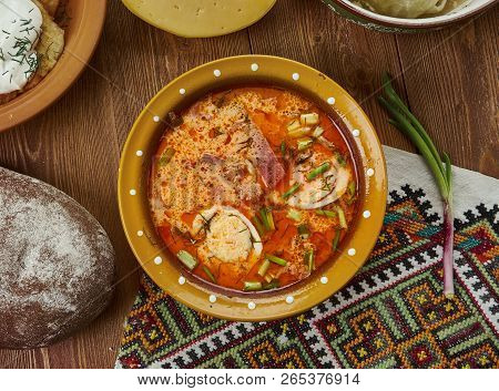 Saltibarsciai, Lithuanian  Cuisine, Baltic Traditional Assorted Dishes, Top View.
