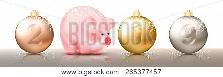 Set Of Ralistic Christmas Transparent Baubles, Spheres Or Balls In Metallic Gold Colors With Numbers