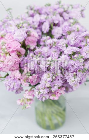 Bouquet Of Beautiful Lilac Color Gillyflower, Levkoy Or Matthiola. Spring Flowers In Vase On Wooden 