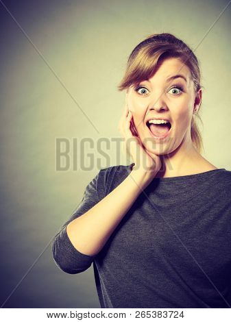 Leisure Relax Beauty Concept. Cheerful Girl Fooling. Young Laughing Blond Lady Showing Happiness Exp