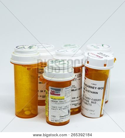 Babylon, New York, Usa - 15 June 2018: Many Bottles Of Pain Relievers Taken Out Of My Medicine Cabin