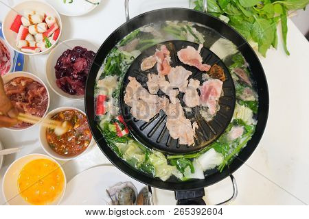Thai Style Hot Pot Homemade In Family Time,mix Vegetables, Sukiyaki