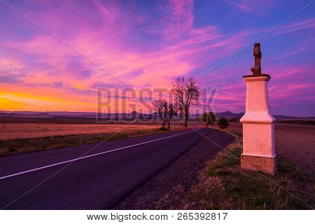 Small Chapel At Sunset. Sunset In Central Bohemian Upland, Czech Republic.